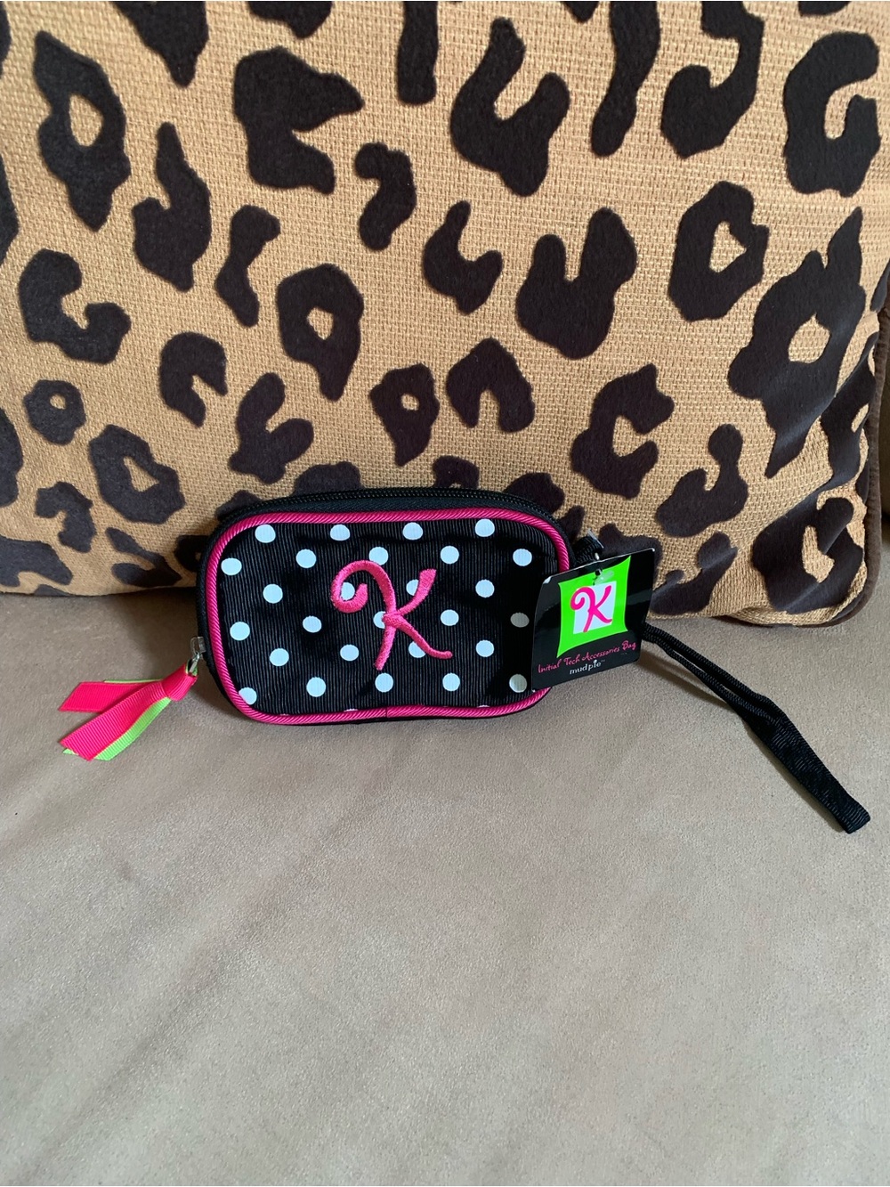 Mud Pie Black Polka Dot Wristlet with Hot Pink Trim and Green Accent NWT!